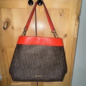 NWOT Calvin Klein Large Purses Shoulder Bag Red Brown Monogram